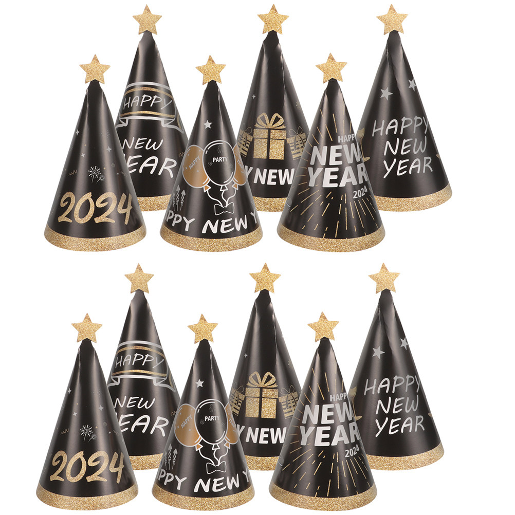 Party Hat Cone - 12個入り パーティー用コーン型紙帽子 新年をテーマにした黒と金のデザイン。家族や友人と新年パーティーで快適に着用できる帽子。
