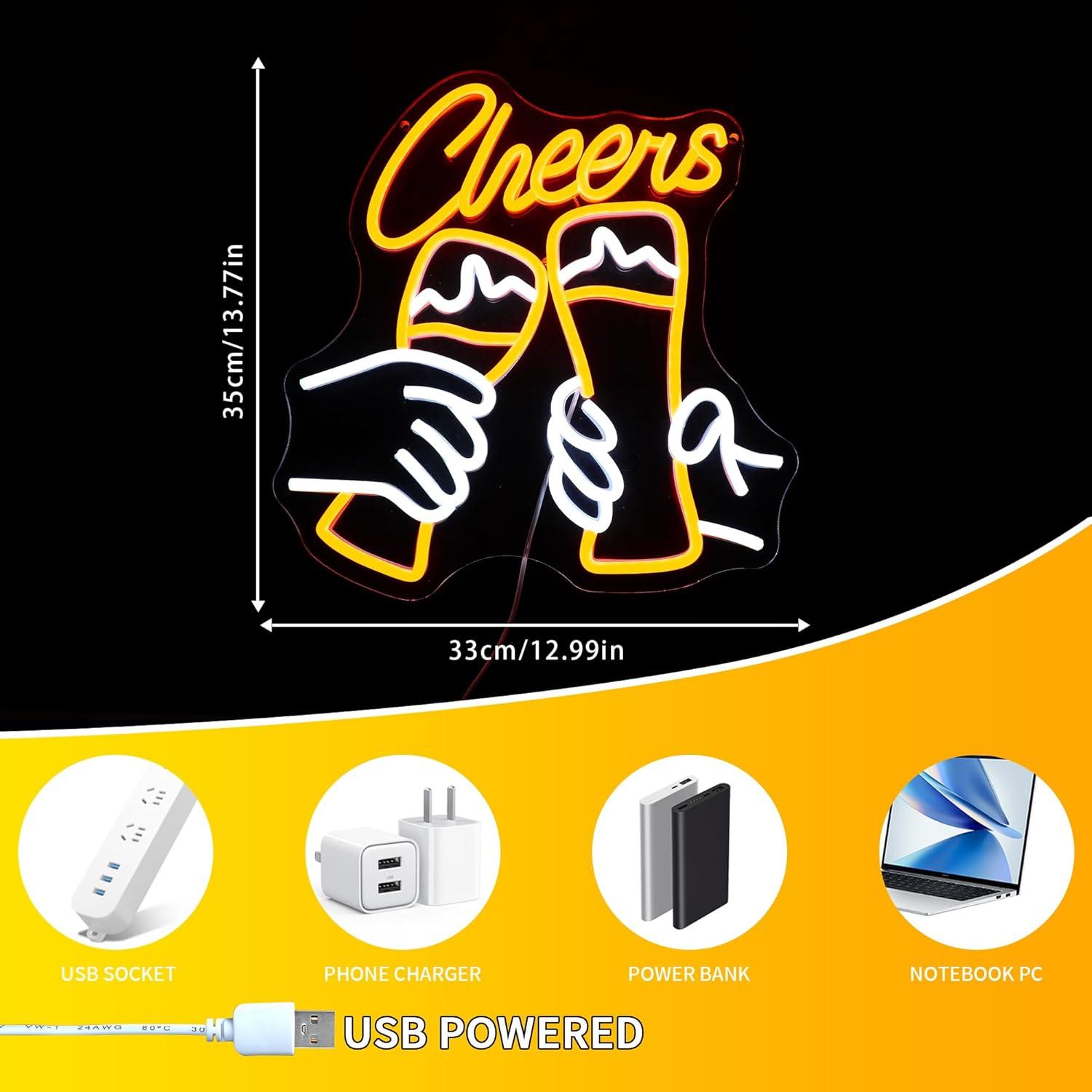 「Cheers」の文字が入ったカクテルネオンサイン。USB接 - Neon Sign Party のレビューと価格