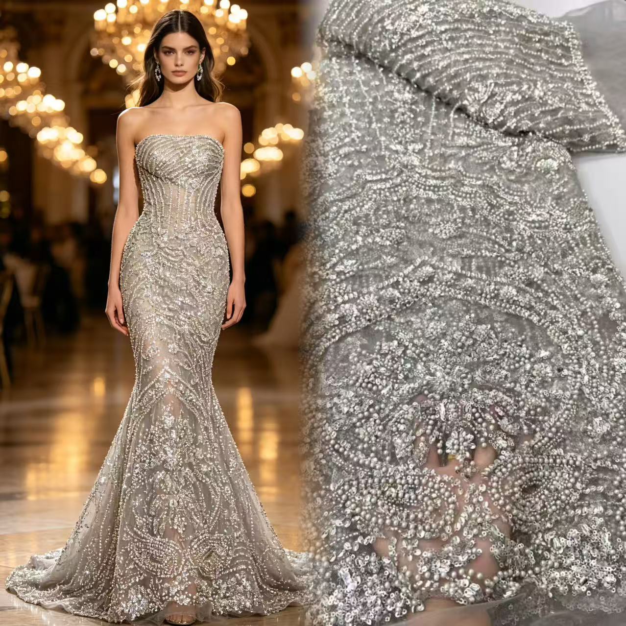 高級フランスチュールネットレース、スパンコールとビーズ付き、 - Glitter Tablecloth のレビューと価格